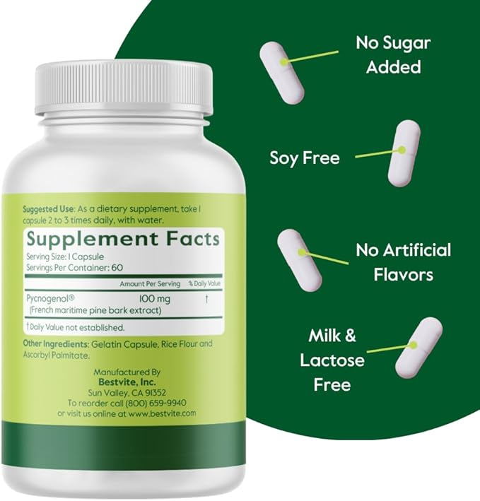 BESTVITE Pycnogenol 100mg (60 Capsules) - French Maritime Pine Bark Extract - No Stearates - Gluten Free - Non GMO