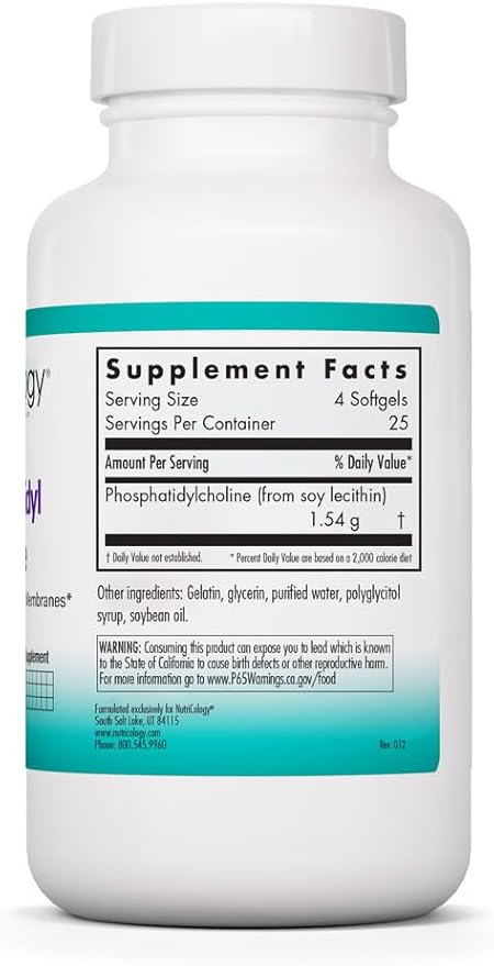 NutriCology Phosphatidyl Choline - 385 mg Phosphatidylcholine Lecithin - Brain Liver &amp Cell Membrane Support - Softgel Capsules - Soy-Based Supplement - 25 Servings - 100 Count