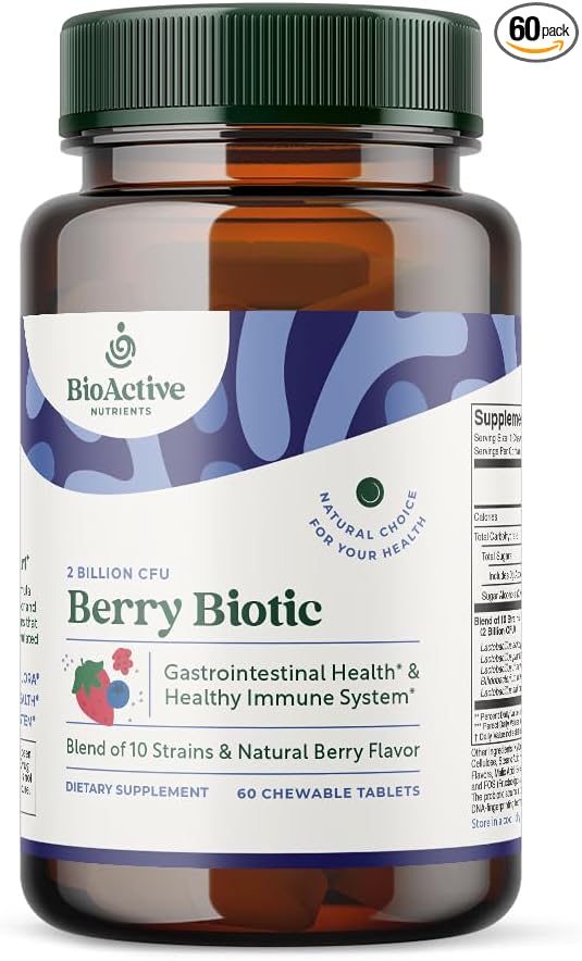 BIOACTIVE NUTRIENTS BerryBiotic Chewable Probiotics &amp Prebiotics Supplement-for Men Women and Children-10 Verified Strains-2 Billion CFUs-60 Count