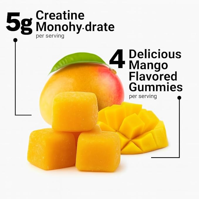 Creatine Gummies 5000mg – Vegan - Muscle Builder – Strength &amp Energy Support – 120 Count – Mango Flavor – Creatine Monohydrate Supplement for Men &amp Women