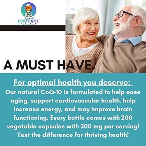 CoQ10 - Co-Enzyme Q10-200 mg -High Absorption - 400 mg per 2 caps - Non-GMO - Gluten Free - 200 Veg. Caps - Heart &amp Cellular Support - Made in USA by Foxxy Doc