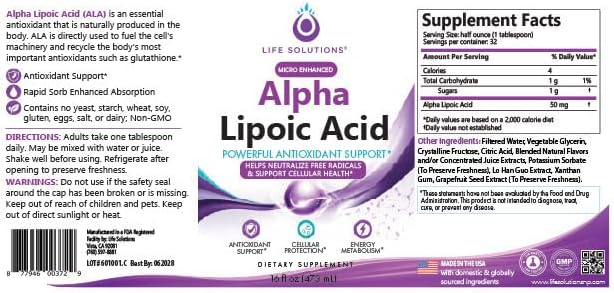 Life Solutions Liquid Alpha Lipoic Acid Supplement 50 mg – Antioxidant Support for Nervous System Function &amp Cellular Energy Metabolism – Easy-to-Take Liquid – 16 oz Bottle