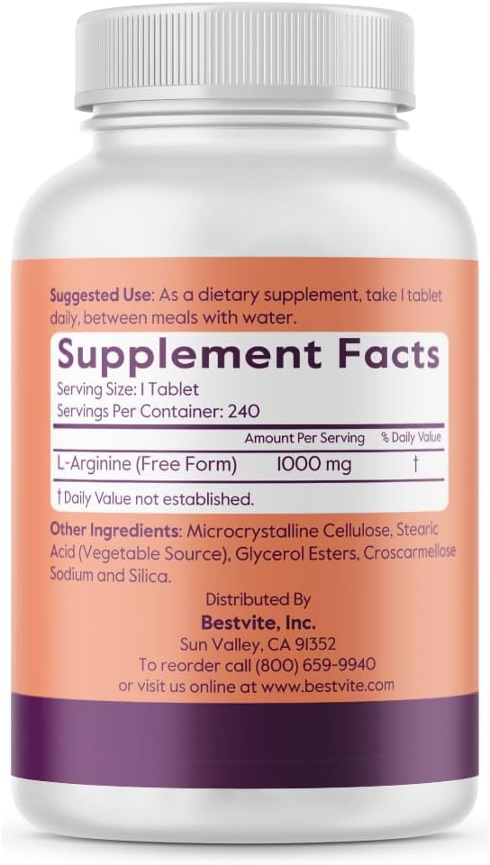 BESTVITE L-Arginine 1000mg per Tablet (240 Tablets) – Pharmaceutical Grade – Contains 20% More Pure Arginine Compared to Arginine HCl – Nitric Oxide Precursor*