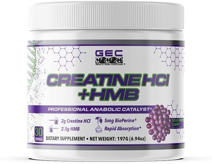 Creatine HCl + HMB for Athletes – Performance &amp Recovery Formula – 2g Creatine HCl 2.5g HMB – Fast Absorption No Bloat No Loading – 30 Servings – GEC (Standard Sour Grape Candy)