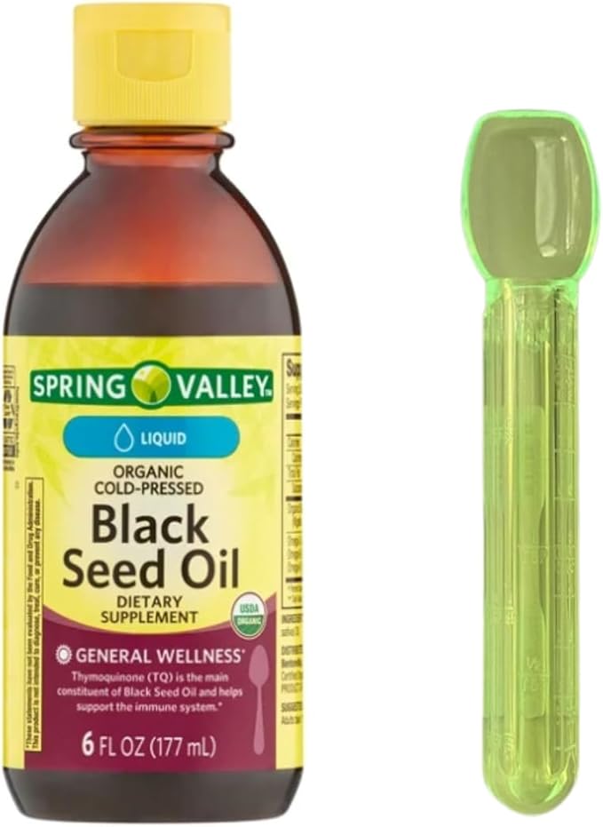 Spring Valley Organic Cold Pressed Black Seed Oil Liquid Antioxidant for Digestion Immune Health Hair Growth and More 6oz with 2 TSP (10ML) Medicine Measuring Spoon