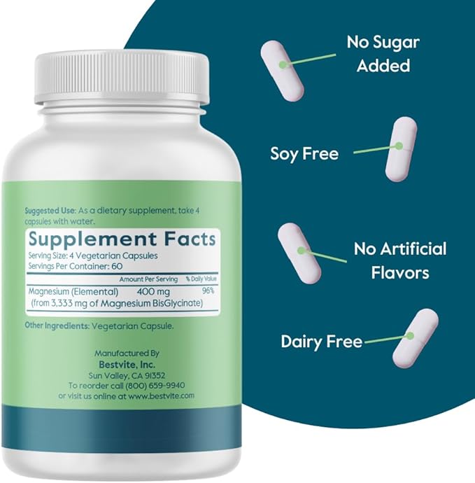 BESTVITE Filler-Free Magnesium Glycinate - 400mg of Magnesium per Serving (240 Veg Caps)- Chelated Bisglycinate for Muscle Relaxation Stress &amp Sleep Support* - For Men &amp Women - No Stearates
