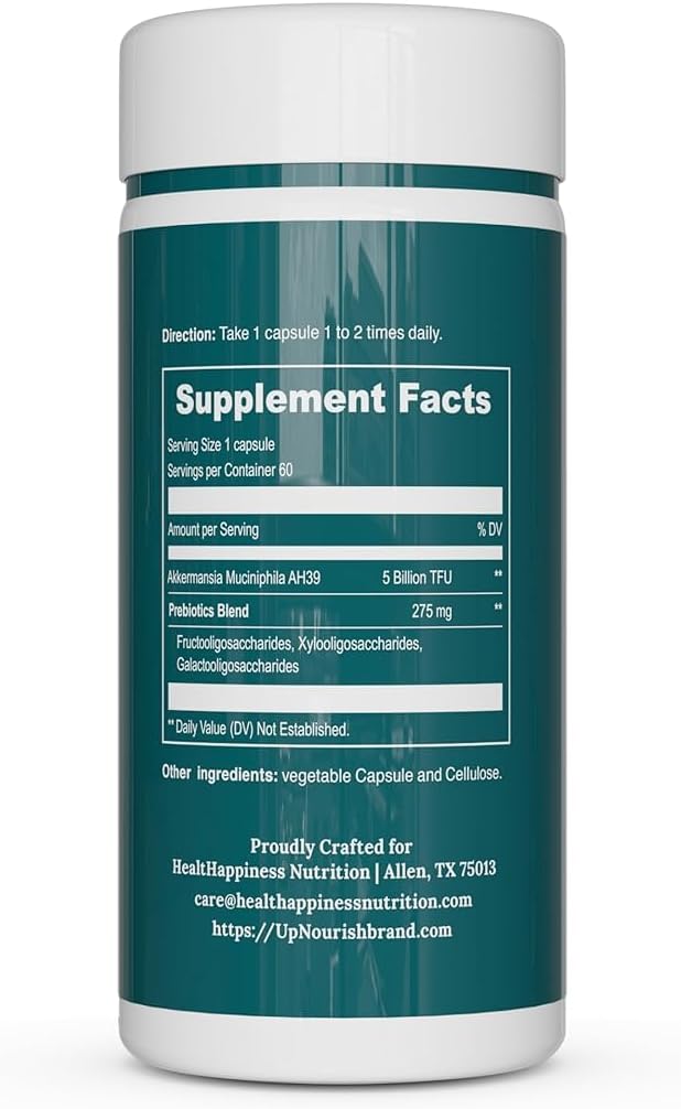 UpNourish Probiotics for GLP-1 Support 5 Billion TFU Akkermansia Muciniphila for Digestive Health Leaky Gut Immunity and Metabolic Health Prebiotics and Probiotics for Women and Men 60 Capsules