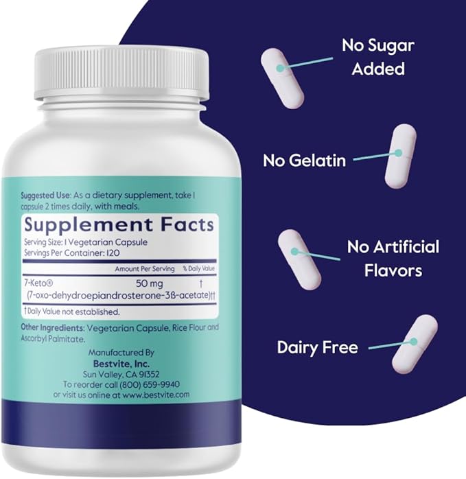 BESTVITE 7-Keto 50 mg DHEA (120 Vegetarian Capsules) - No Stearates - Vegan - Non GMO - Gluten Free - Supports Energy Metabolism* - Easy to Swallow Capsules