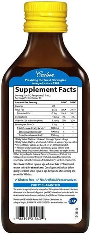 Carlson Kid's The Very Finest Fish Oil Lemon Norwegian 800 mg Omega-3s 200 mL