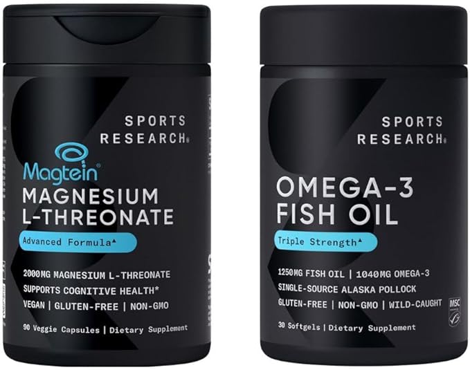 Sports Research® Cognitive Health Pack - Triple Strength Omega 3 Fish Oil EPA DHA Fatty Acids from Wild Alaskan Pollock &amp Magtein Magnesium L-Threonate