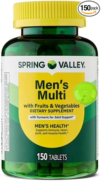 SUREFECT Spring Valley Men's Multivitamin Tablets with Fruits &amp Vegetables - Includes Turmeric for Joint Support 150 Count Organizer.
