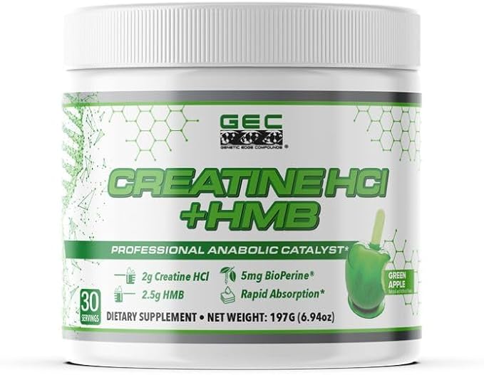 Creatine HCl + HMB for Athletes – Performance &amp Recovery Formula – 2g Creatine HCl 2.5g HMB – Fast Absorption No Bloat No Loading – 30 Servings – GEC (Standard Green Apple)