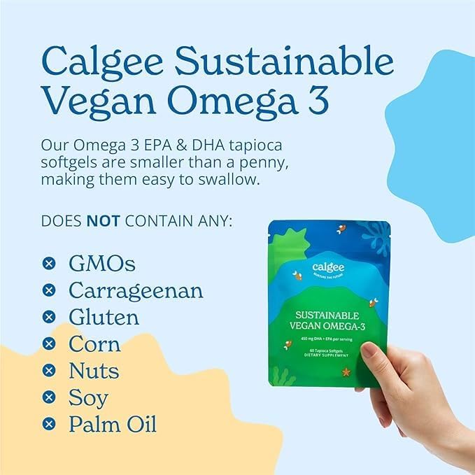 Calgee Vegan Omega 3 Supplement 450mg DHA &amp EPA Fatty Acids from Algae Oil Plant-Based Fish Oil Alternative Carrageenan-Free Softgels Non-GMO 60 Count