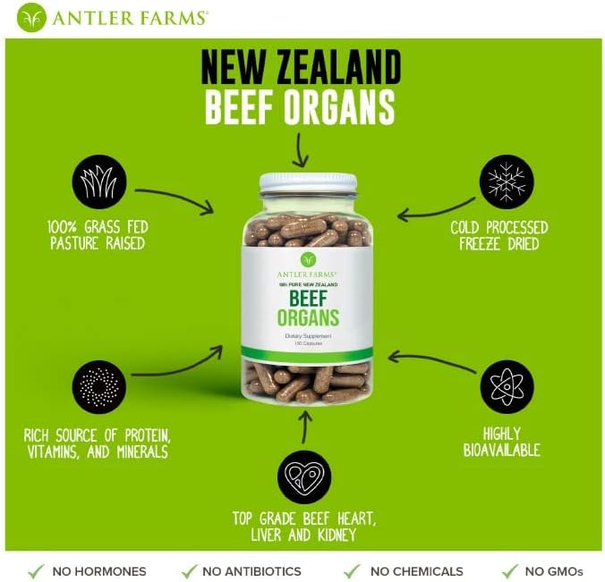 Antler Farms - 100% Pure New Zealand Beef Organs - Heart Liver Kidney 180 Capsules 400mg - Grass Fed Cold Processed Supplement Pure and Clean rBGH Free No Fillers or Additives