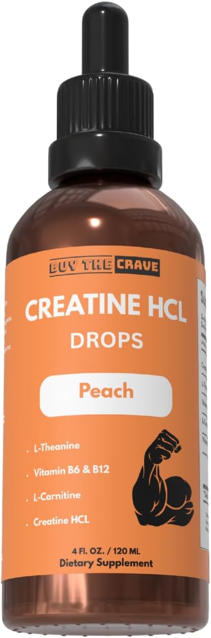 Creatine HCL Liquid Drops for Men &amp Women - 2ml Per Serving L-Theanine Vitamin B12 &amp B6 L-Carnitine - High Absorption 4 Fl Oz (120ml) (4 FL OZ Peach)