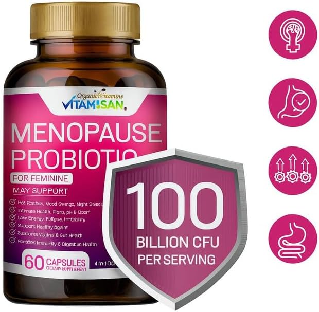 VITAMISAN Menopause Support Probiotic 2 Pack – 100 Billion CFU with Black Cohosh &amp Ashwagandha – Hormone-Free Prebiotics &amp Probiotics for Women – Feminine Care pH Balance &amp Mood Support