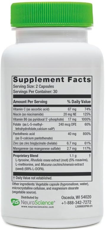 Neuroscience ExcitaPlus - Adrenal Support Supplements for Cortisol Health Support with L-Tyrosine Rhodiola and B Vitamins - Promotes Stress Resilience Energy and Focus (60 ct)