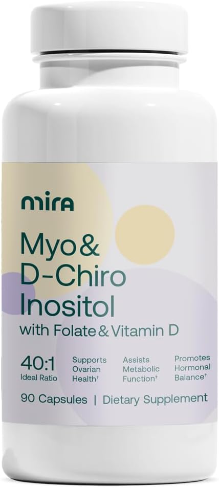 MIRA PCOS Supplement Myo Inositol &amp D-Chiro Inositol 40:1 Ratio Helps Promote Hormonal Balance and Support Ovarian Health &amp Metabolism 90 Capsules (30 Servings) 1 Bottle