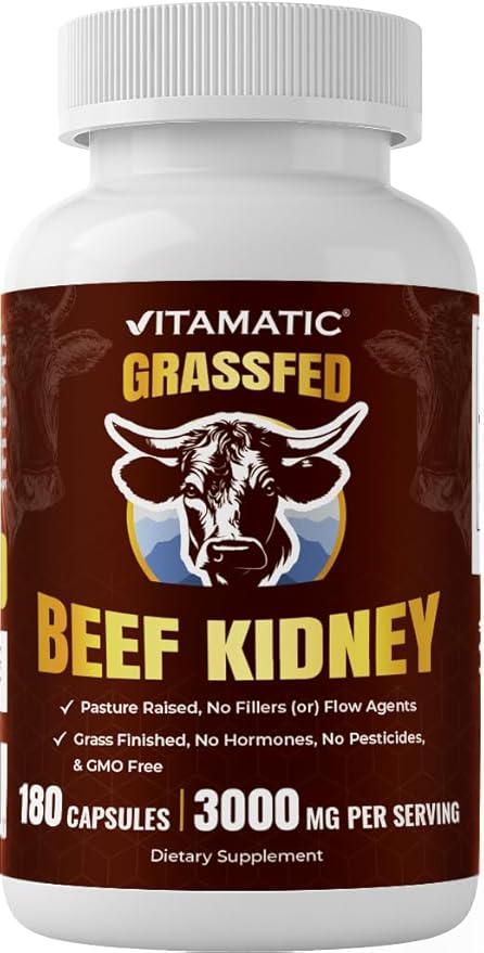 Vitamatic Grass-Fed Beef Kidney 180 Capsules – Freeze-Dried Non-GMO Bovine Liver Supplement – Pasture-Raised Glandular-Based Formula