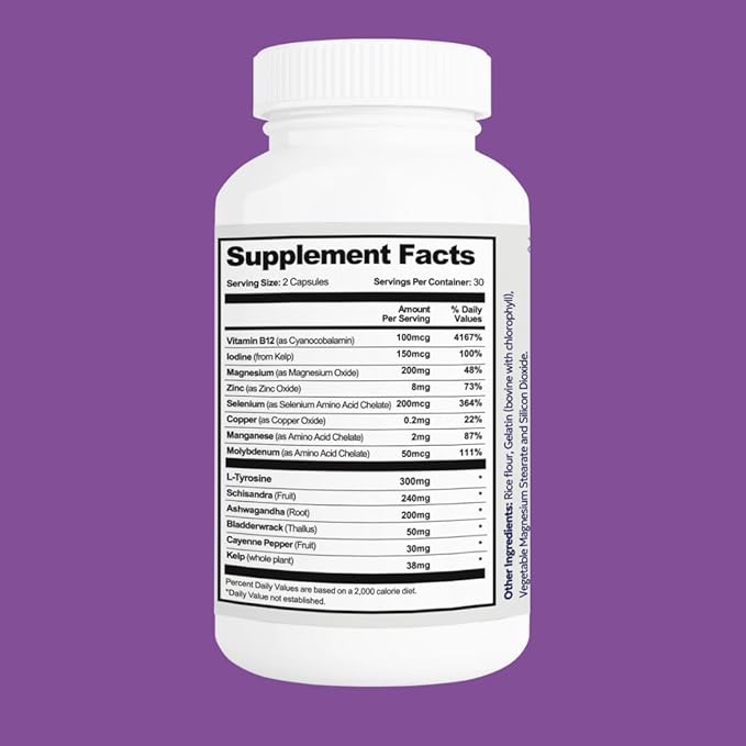 Thyroid Support – Energy Focus &amp Metabolism Supplement with Iodine Selenium Ashwagandha B12 &amp Zinc – Non-GMO 60 Capsules