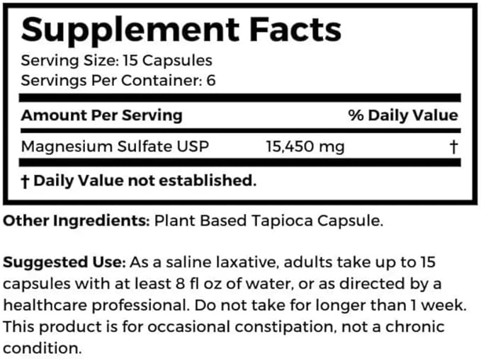 Dr. Clark Store Magnesium Sulfate (Epsom Salt) Capsules for Occasional Constipation Relief and Muscle Support 1030 mg 100 Pure Vegetarian Tapioca Capsules
