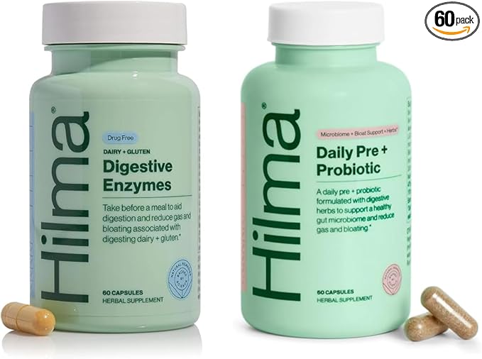 Hilma Gut Health &amp Digestive Bundle - Digestive Enzymes (60 Vegan Capsules) w/Dandelion Root &amp Turmeric for Dairy/Gluten Relief + Daily Pre &amp Probiotic (60 Vegan Capsules) w/Herbs for a He