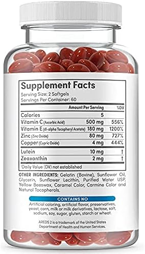 Eye Vitamins - AREDS 2 Based Formula - Eye Vitamin with Lutein &amp Zeaxanthin for Macular Health - Vision Supplements for Adults - 120 Softgels Support &amp Care for Eyes - Made in USA