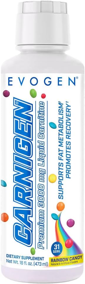 Evogen Carnigen Premium L Carnitine Liquid – L Carnitine 3000 Supplement | L Carnitine Supplement for Fat Metabolism &amp Recovery | Acetyl L-Carnitine | Caffeine Free | Rainbow Candy | 31 Servings