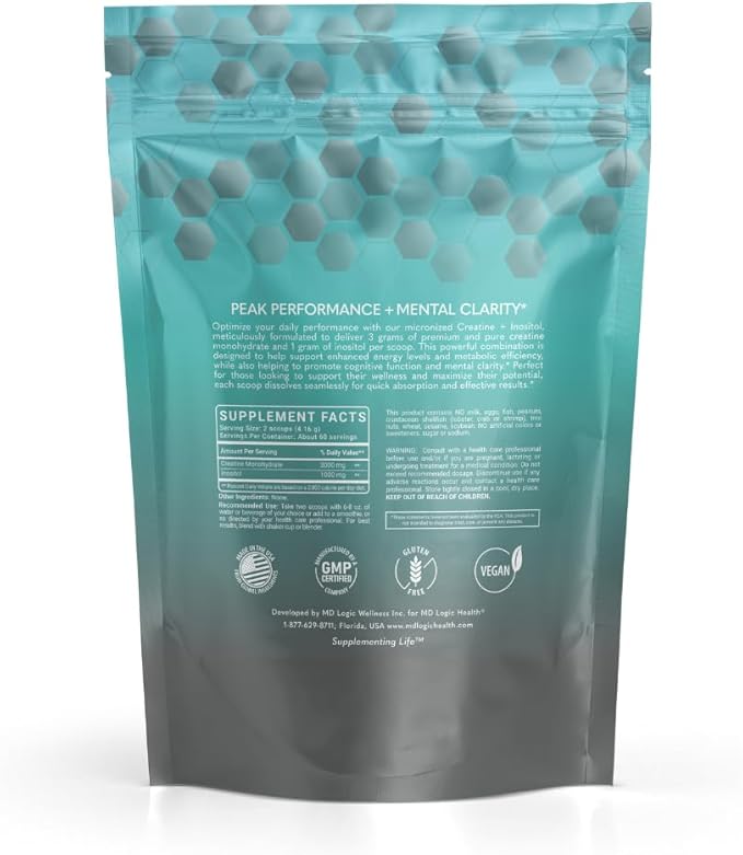 MD Logic Health Creatine + Inositol for Peak Performance &amp Mental Clarity Unflavored - Made in New York