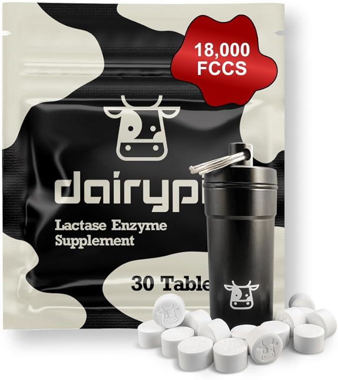 DairyPill Lactase Enzyme 18000 FCCs per Pill 30 Count Solution for Lactose Intolerance Portable Easy to Swallow Preservative and Gluten Free American Made Non GMO