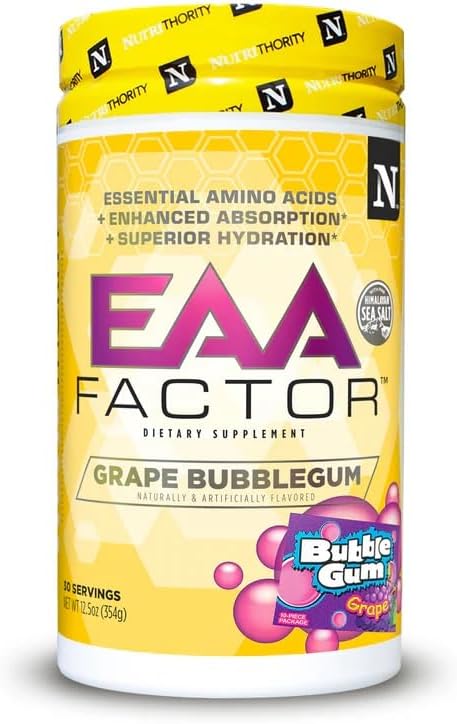 Nutrithority EAA Factor BCAA Essential Amino Acids Powder 30 Servings - Sugar &amp Caffeine Free Intra &amp Post Workout Drink with Electrolytes - Improve Muscle Recovery &amp Hydration (Grape Bu
