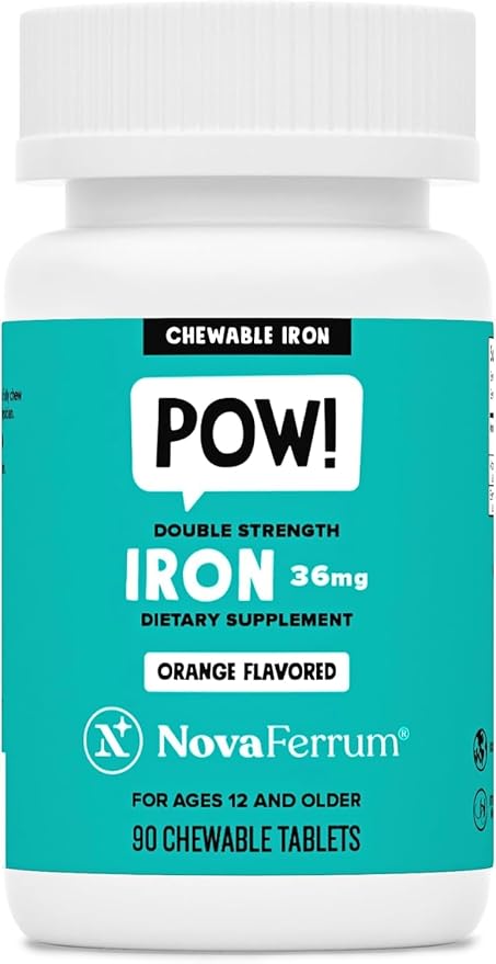NovaFerrum Pow | Chewable Iron Supplement for Kids &amp Adults Ages 12 and Over | Anemia | 36mg of Iron | 90 Servings | Sugar Free