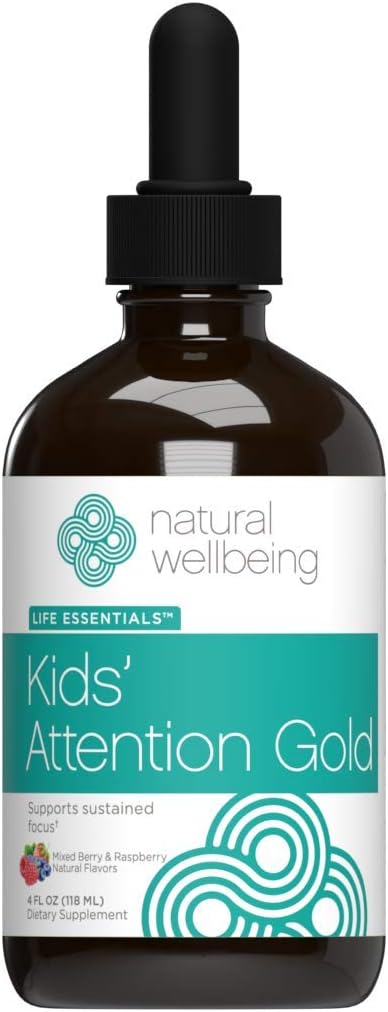 Natural Wellbeing Kids' Attention Gold - Natural Support for Focus and Concentration with Rhodiola - Mixed Berry &amp Raspberry Flavor - 4 oz (118 ml)