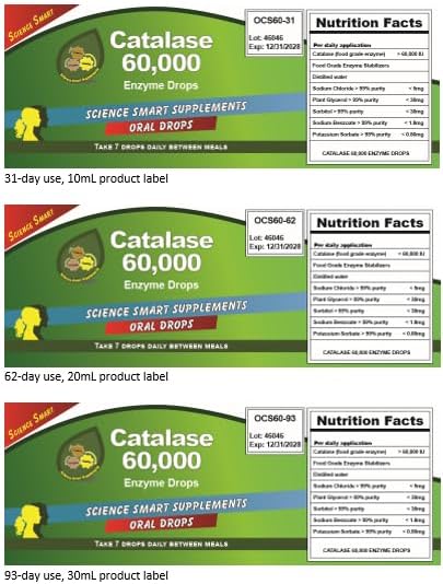 Catalase 60000 - Science Smart - Unique - Highest Potency Full Absorption Enzyme Supplement. 62 doses for 2 Months use. (20mL).