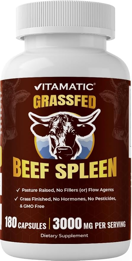 Vitamatic Grass-Fed Beef Spleen180 Capsules – Freeze-Dried Non-GMO Bovine Liver Supplement – Pasture-Raised Glandular-Based Formula