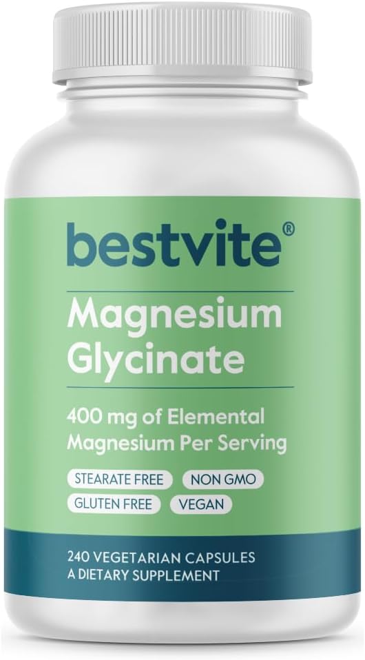 BESTVITE Filler-Free Magnesium Glycinate - 400mg of Magnesium per Serving (240 Veg Caps)- Chelated Bisglycinate for Muscle Relaxation Stress &amp Sleep Support* - For Men &amp Women - No Stearates