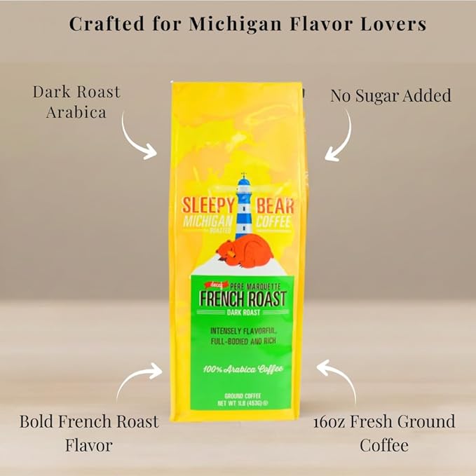 Sleepy Bear Dark Roast Decaf Coffee – Bold Ground French Roast Smooth Arabica No Bitterness Michigan Made 16oz Resealable Bag (1 16 oz)