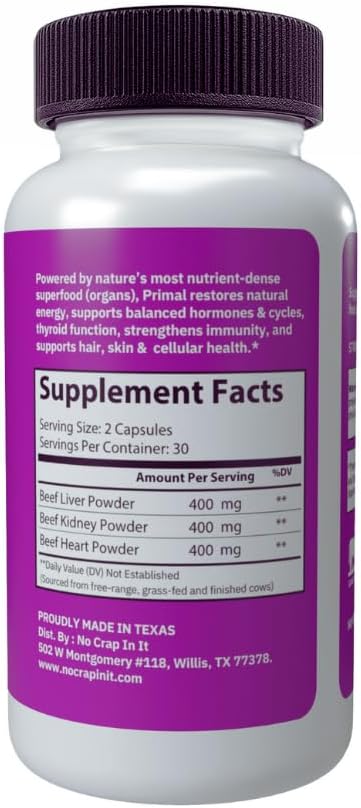 No Crap In It Primal Beef Organ Capsules – Grass Fed Desiccated Beef Liver Heart &amp Kidney Supplement for Women &amp Men – Ancestral Multivitamin Natural Energy &amp Hormone Support – 60 Capsul