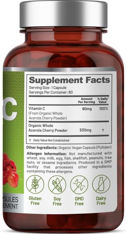 Vegan Whole Food Vitamin C Two Ingredients (Organic Whole Acerola Cherry Powder and Organic Vegan Capsule) Non-GMO Third Party Tested 60 Day Supply