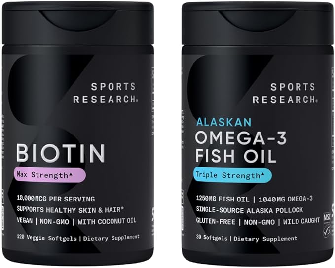Sports Research Triple Strength Omega 3 Fish Oil 1250mg from Wild Alaska Pollock - Burpless Fish Oil Supplement with Omega3s EPA &amp DHA and Vegan Biotin 10000mcg + Coconut Oil Max Strength B7 Vita