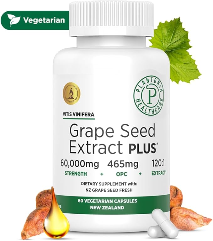 Grape Seed Extract Plus-Vitis Vinifera (60 Capsules)-60000 mg Strength 60 Vegan Capsules 465mg Polyphenols (Proanthocyanidins) Potent 120:1 2 Month Supply Non-GMO and All-Natural