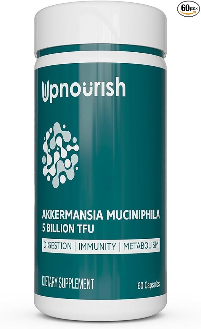 UpNourish Probiotics for GLP-1 Support 5 Billion TFU Akkermansia Muciniphila for Digestive Health Leaky Gut Immunity and Metabolic Health Prebiotics and Probiotics for Women and Men 60 Capsules