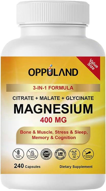 Triple Magnesium Complex Supplement – 400mg with Citrate Malate &amp Glycinate – Complete Chelated Magnesium Blend for Women &amp Men – 120 Days of Daily Multi Magnesium Nutrition – 240 Capsules