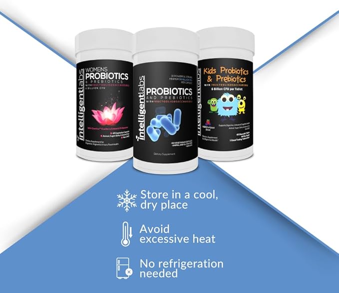 Intelligent Labs 3-in-1 Probiotics with Prebiotics Bundle for The Whole Family: Kids + Adult 50 Billion CFU + Women’s Probiotics No Refrigeration Needed 2 Months Supply Per Bottle