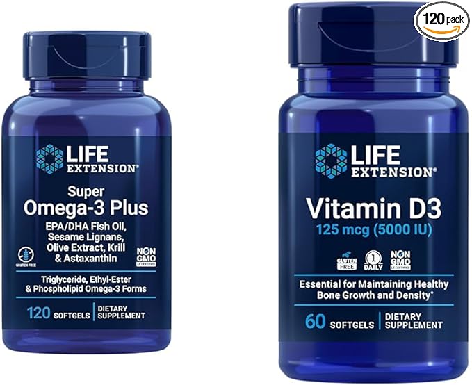 Life Extension Super Omega-3 Plus EPA/DHA Fish Oil Sesame Lignans &amp Vitamin D3 125 mcg (5000 IU) Bone Health Brain Performance