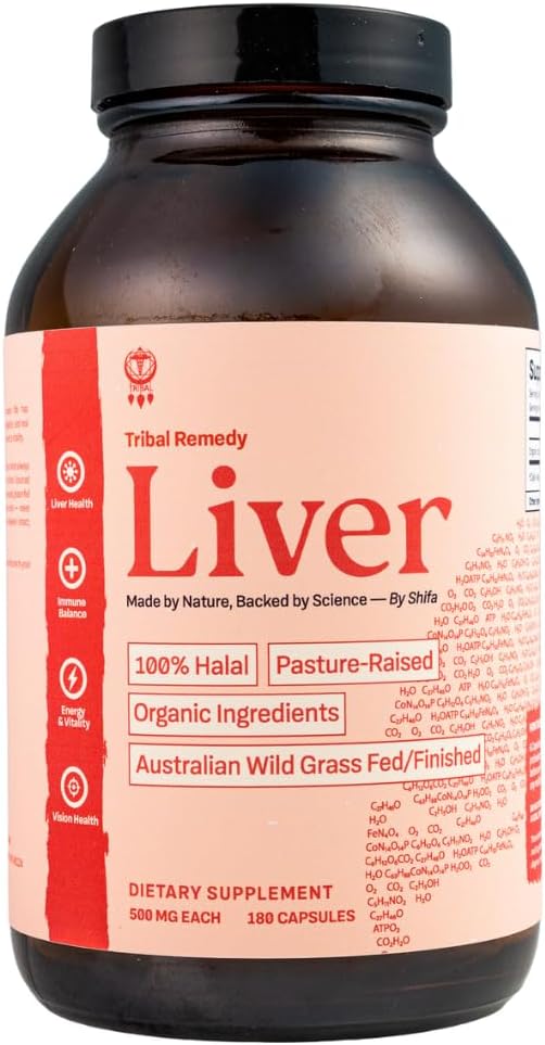 Pure Australian Beef Liver Supplement (Capsules) - Halal Organic Grassfed - Rich in Vitamins Minerals Peptides and Enzymes - Dehydrated - 180 Liver Capsules