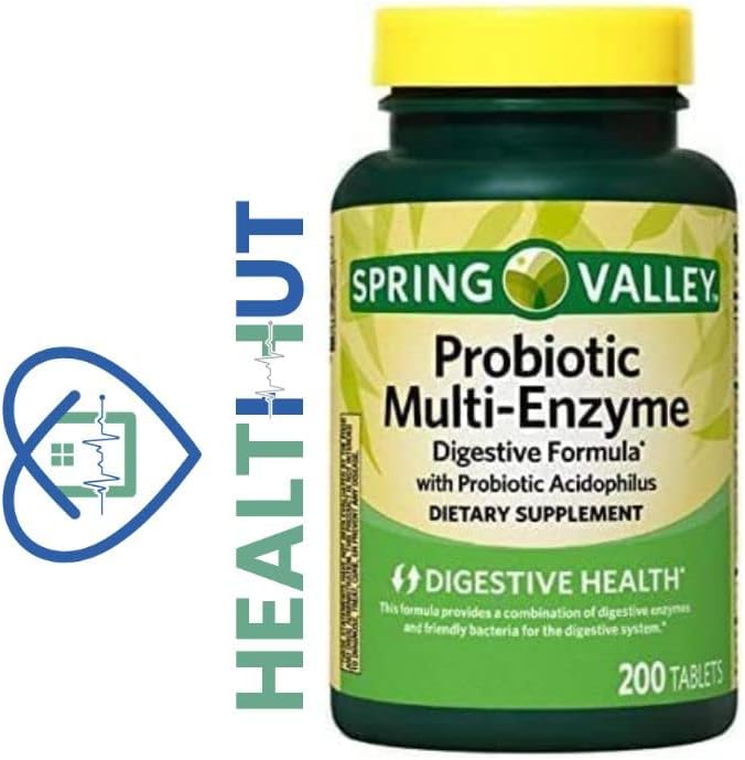 Spring Valley Probiotic Multi-Enzyme Digestive Formula Tablets 200 Count + 1 Mini Pill Container with Key Chain (Colors May Vary)
