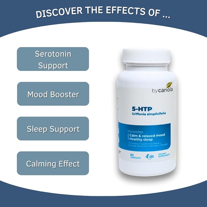 5-HTP Natural Mood &amp Sleep Support Supplement Capsules - Mood Support - Sleep Support - Serotonin Booster - Calming Effect - Natural Formula Griffonia Simplicifolia - 60 Caps