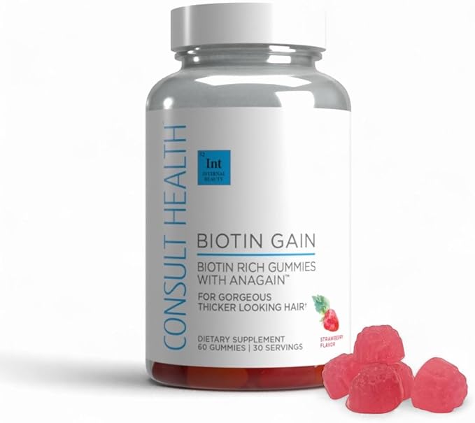Consult Health BIOTIN GAIN Gummies with ANAGAIN - Reduce Hair Loss - Clinically Tested - 10000 mcg Biotin Vitamin B7 to Support Healthy Hair Growth Skin and Nails for Women and Men - 60 Count