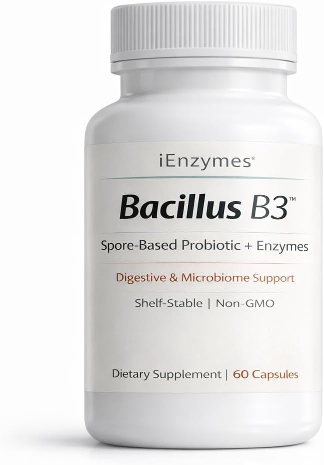 Bacillus B3 Spore-Based Probiotic + Enzymes for Gut Health &amp Microbiome Support Shelf-Stable Daily Probiotic with Bacillus Coagulans Bacillus Subtilis &amp Bacillus Clausii 60 Capsules